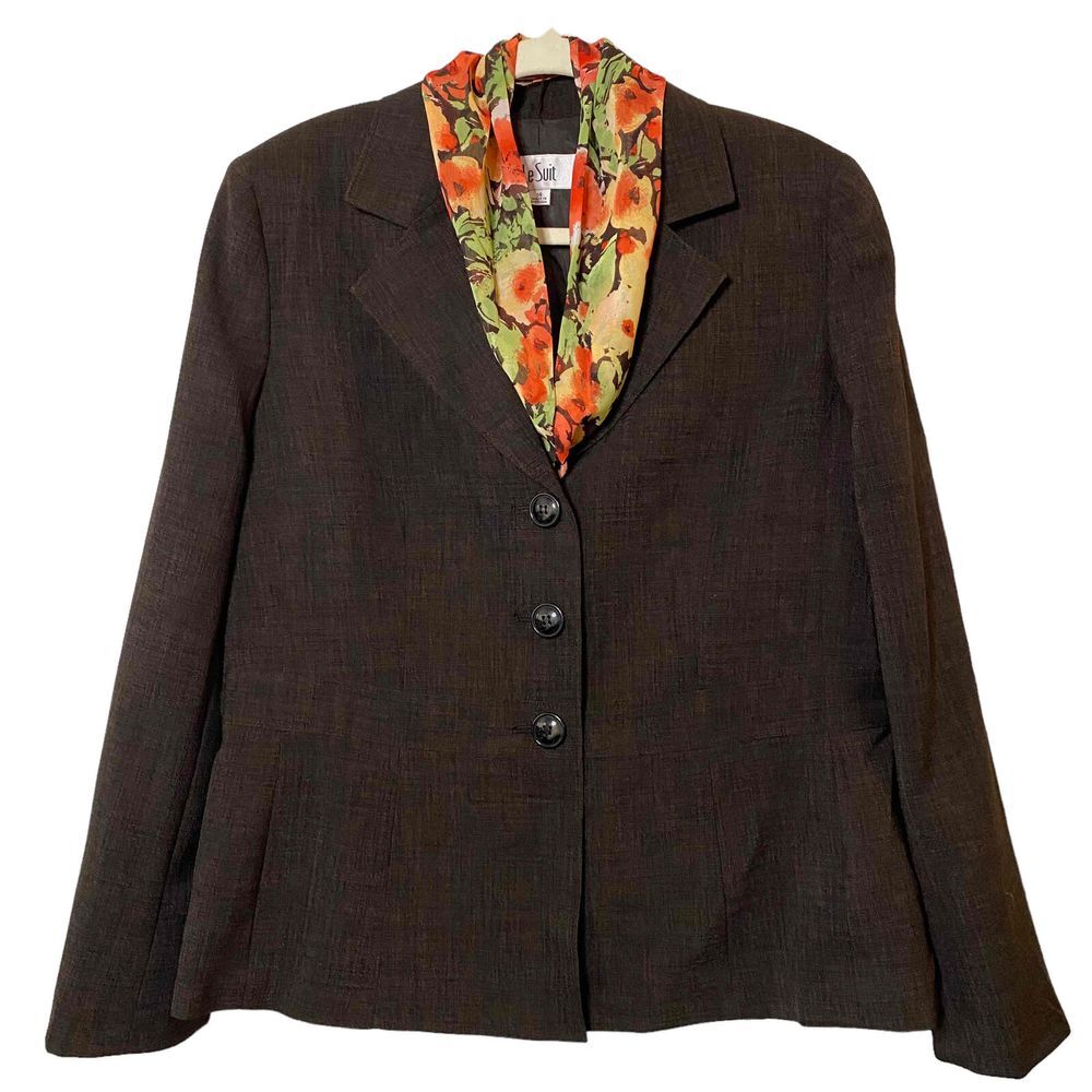 Le Suit Womens Deep Brown Blazer Single Breasted Floral Scarf Size 14